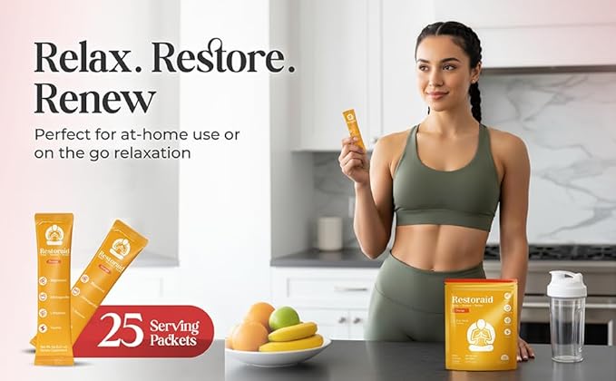 Restoraid Relaxation Drink Mix – 25 Packets | Magnesium L-Theanine Ashwagandha Taurine Glycine | Calming &amp Relaxing Supplement (Orange)
