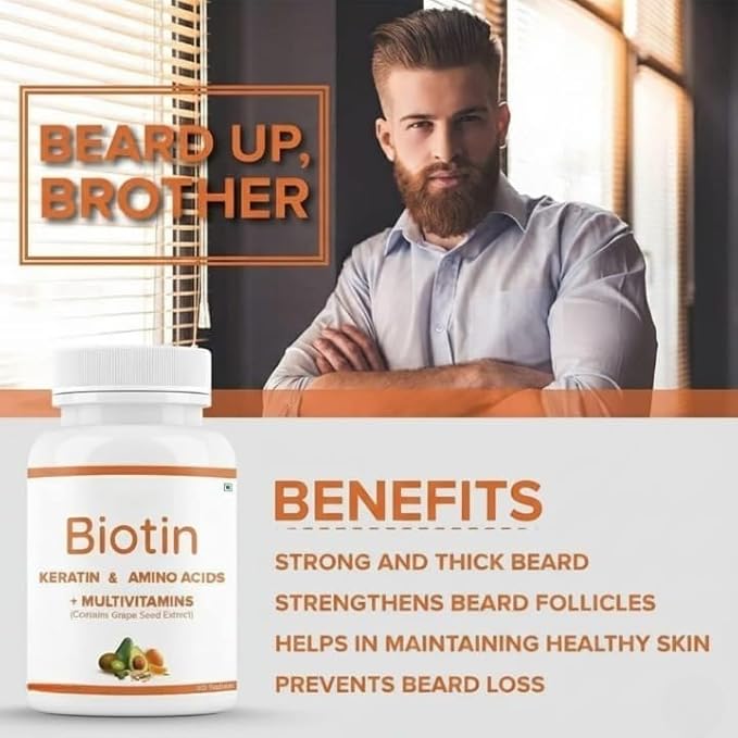 Beard Biotin- 100% Vegan 60 Tablets (Pack of 1) | Promotes Stronger &amp Thicker Beard Growth Powered with Vitamin A Vitamin E Vitamin B7 Keratin &amp Amino Acids