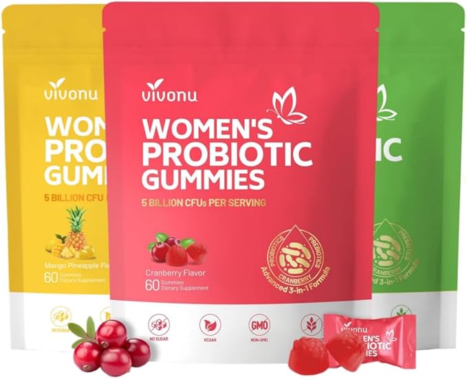 VivoNu Viginal Probiotics for WomenWomen Probiotic GummiesFeminine Balance GummiesPrebiotic Gummy Probiotics for Woman Vaginigal HealthYeast Ph Balance(60 Cranberry+60 Green Apple+60 Pineapple)