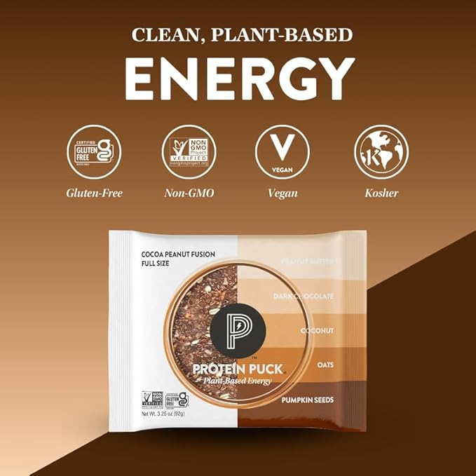 Protein Puck Plant Based Bars | Snacks with Vegan Protein | 16 Count | 3.25 oz Full Size | Gluten Free Non Dairy Kosher Certified Non GMO Premium Healthy Bars | Cocoa Peanut Fusion