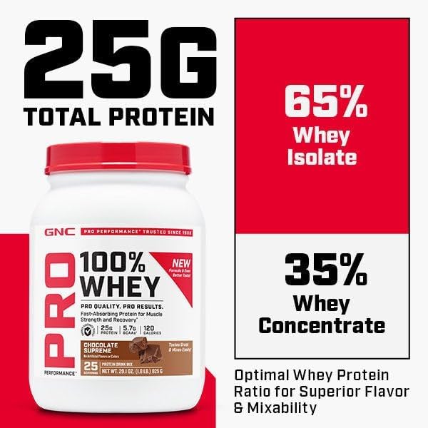 GNC Pro Performance 100% Whey Protein Powder 2.0 Fast Absorbing for Muscle Strength and Recovery Chocolate 25 Servings