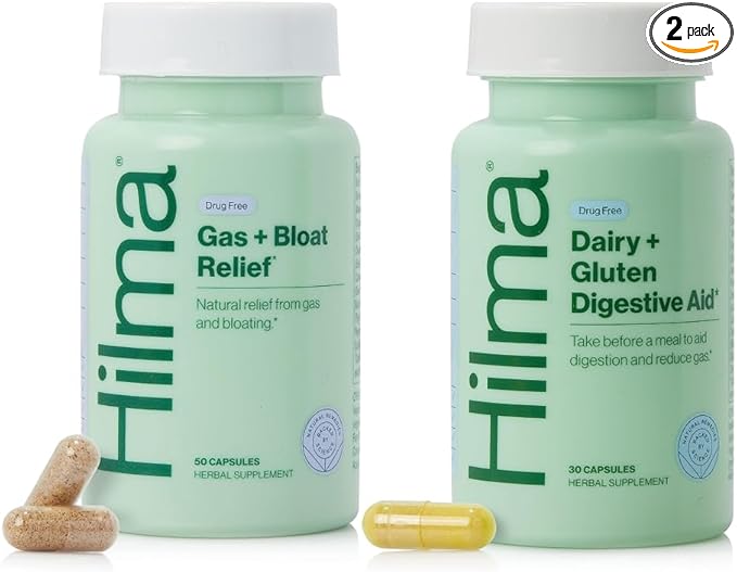 Hilma De-Bloat Bundle for Pre or Post Meal Gas &amp Bloating Relief for Women (50 Vegan Capsules) with Lemon Balm &amp Peppermint Leaf Digestive Enzymes for Women (30 Vegan Capsules) with Dandelio