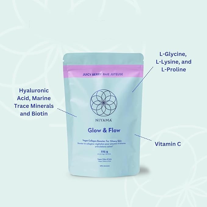 Niyama Glow &amp Flow Vegan Collagen Powder - Healthy Hair &amp Skin - Vegan Paleo and Keto-Friendly - Juicy Berry (30 Servings)