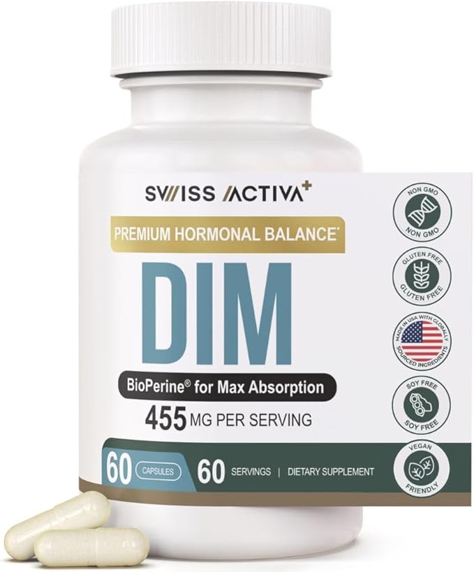 Swiss Activa+ Labs DIM Supplement – Hormone Balance for Women &amp Men – Estrogen Supplement for Women and Men– Supports Hormonal Acne &amp Menopause Symptoms| Gluten Free Non-GMO &amp Vegan – 60