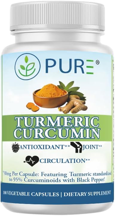 PURE® Turmeric Curcumin 750mg with BioPerine® - 180 Capsules 6 Month Supply - High Absorption Joint Support &amp Anti-Inflammatory Supplement - 95% Curcuminoids Antioxidant Complex - Made in USA