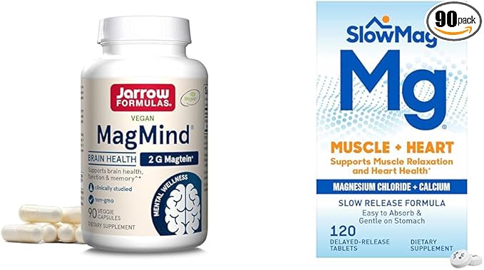 Jarrow Formulas MagMind Brain Health with Magtein (Magnesium L-Threonate) &amp SlowMag Muscle + Heart Magnesium Chloride with Calcium Supplement