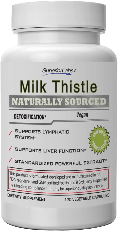 Superior Labs Milk Thistle NonGMO - 80% Silymarin Flavonoids - Powerful Formula for Healthy Liver Kidney Detox and Function Energy - 250mg 4:1 Extract Yielding 1000mg 120 Vegetable Caps