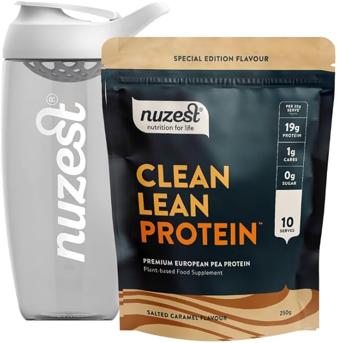 Nuzest Vegan Pea Protein Powder - Clean Lean Protein 8.8 Ounces Salted Caramel Flavour + Sports Shaker Bottle 24oz