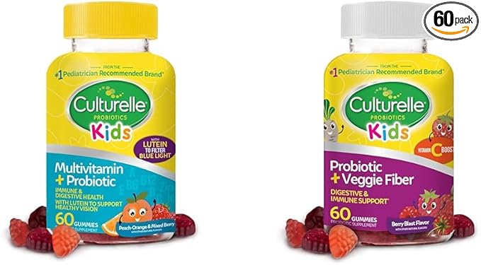 Culturelle Kids Probiotic Gummies for Ages 2+ - Peach-Orange &amp Mixed Berry Flavors &amp Daily Probiotic for Kids + Veggie Fiber Gummies (Ages 3+) - 60 Count - Digestive