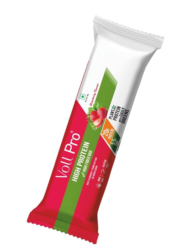 Voll Pro Plant Protein Bar with Daily Greens - High Protein 20g Fiber 5.5g 0g Sugar - Strawberry Flavour- Non-GMO- Gluten &amp Trans Fat Free-Crunchy Delicious Nutrient-Rich Protein Bars(50g X 12