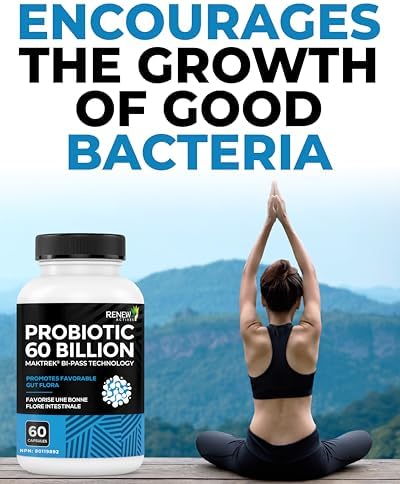 Renew Actives Probiotic Supplement for Digestive Health 60 Billion CFU per 2 Capsules - Advanced Formula with Prebiotic Benefits - Supports Gut Flora Balance &amp Wellness - Made in Canada - 60 Capsu