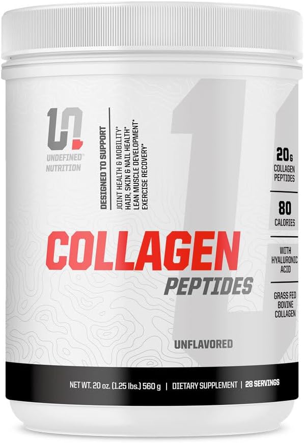 Undefined Nutrition Collagen Peptides by Brian Shaw (Unflavoured 28 Servings) – 20g Collagen Peptides with Hyaluronic Acid - Promotes Muscle Hair Nail Skin Bone and Joint Health Zero Sugar