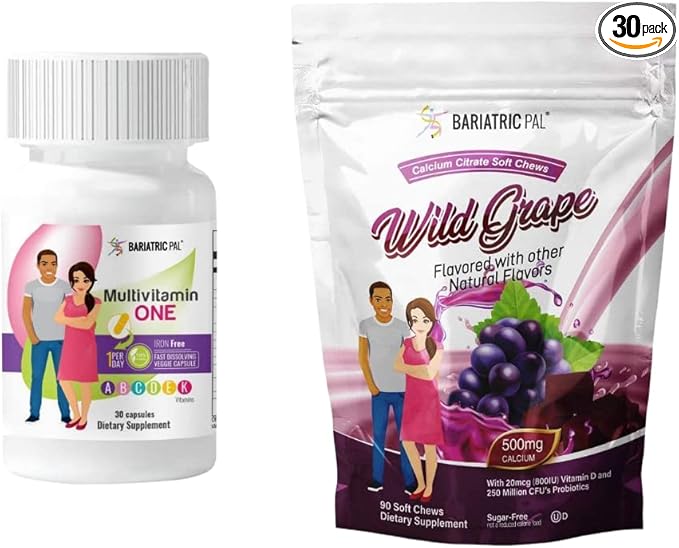 BariatricPal 30-Day Bariatric Vitamin Bundle (Multivitamin ONE 1 per Day! Iron-Free Capsule and Calcium Citrate Soft Chews 500mg with Probiotics - Wild Grape)