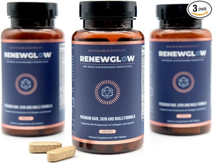 Skin Research Institute Renewglow Biotin Supplement - Vegan Friendly - Healthy Skin Nail and Hair 3 Pack