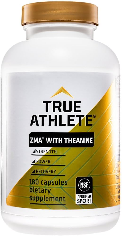 True Athlete ZMA + L Theanine Capsules Zinc Magnesium and Vitamin B6 Supplement for Active Men and Women Supports Recovery and Relaxation Gluten Free Sugar Free 180 Capsules