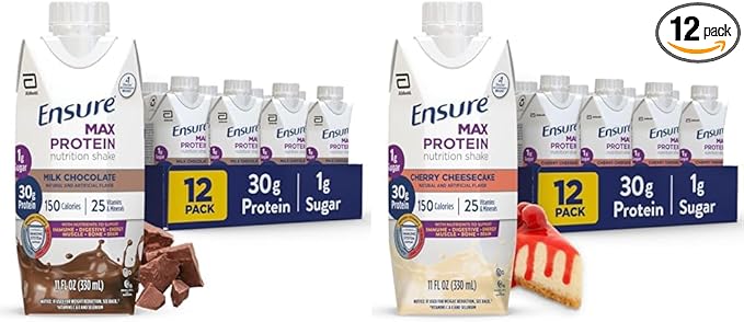 Ensure Max Protein Nutrition Shakes 30g Protein 1g Sugar 25 Vitamins &amp Minerals 7 Flavors including Cherry Cheesecake &amp Creamy Peach Pack of 12