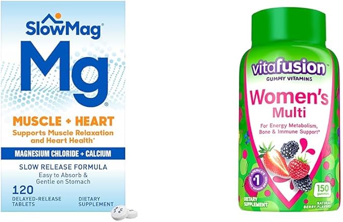 SlowMag Muscle + Heart Magnesium Chloride with Calcium Supplement 120 Count &amp Vitafusion Women's Multivitamin Gummies Berry Flavored 150 Count