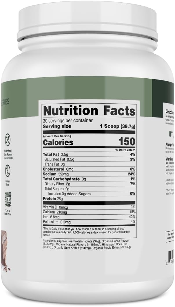 Transparent Labs 100% Pea Protein Powder - 28g Organic Plant Protein per Serving Clean Pea Isolate Powder USDA Organic Vegan Gluten-Free Sugar-Free Non-GMO - 30 Servings Chocolate