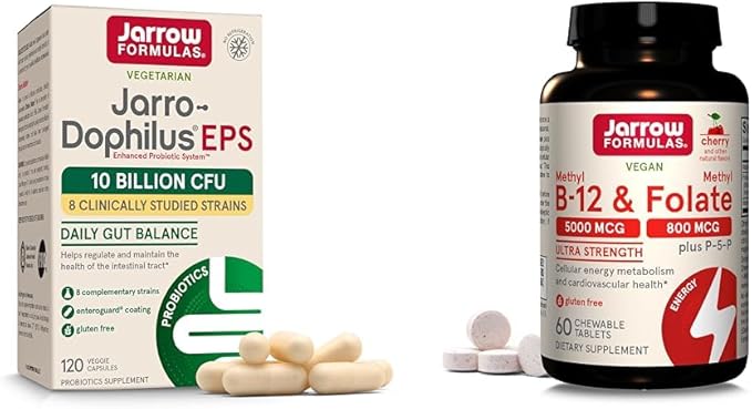 Jarrow Formulas Probiotics 10 Billion CFU and Methyl B-12 5000 mcg Cellular Support Bundle 120+60 Count