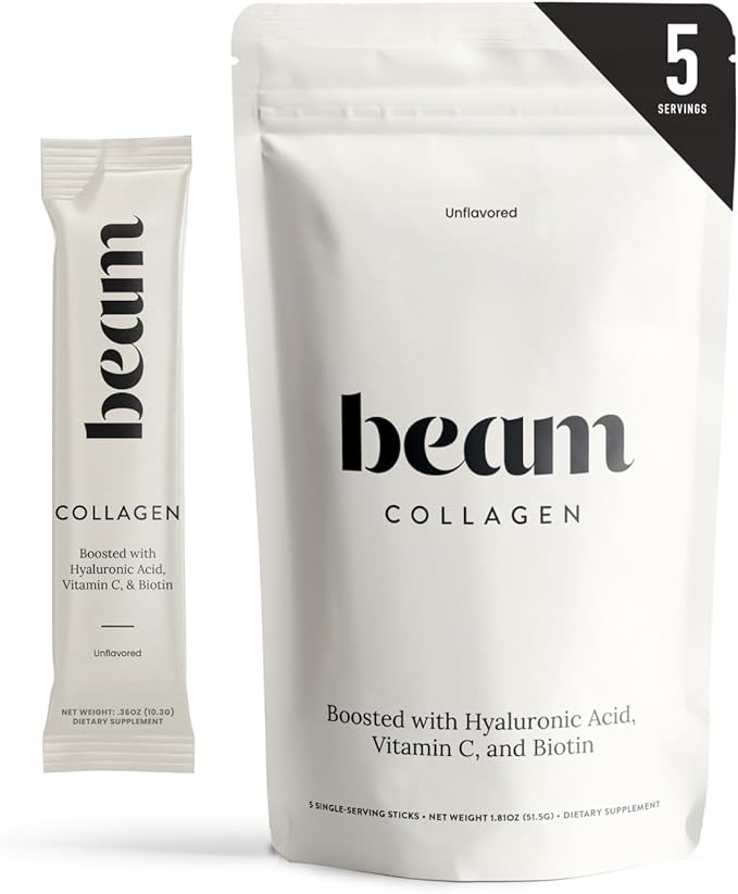 Beam Collagen Powder Collagen for Women Collagen with Hyaluronic Acid Collagen Peptides Type 1 and 3 with Biotin Grass Fed Bovine Third-Party Tested Best for Coffee Vitamin C 5 Servings