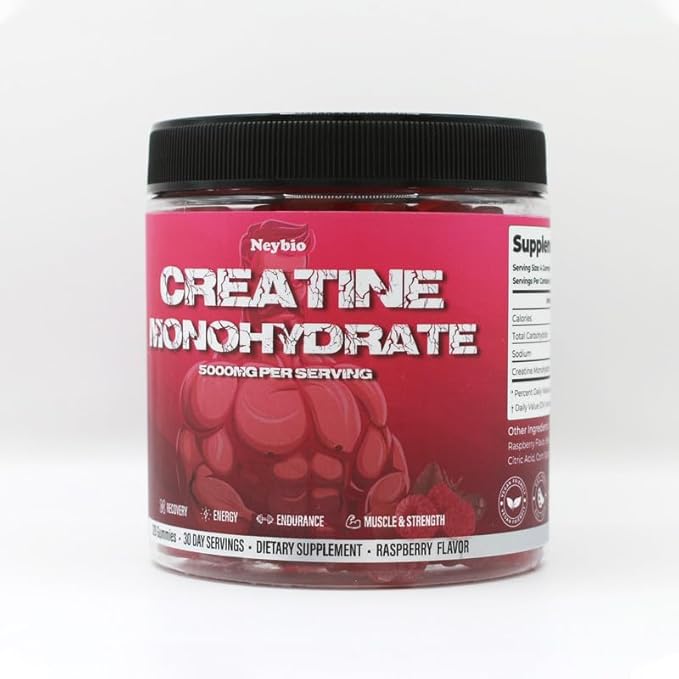 Neybio Creatine Monohydrate Gummies - 5000mg Creatine Raspberry Flavor 120 Count - Vegan Sugar-Free Boosts Performance &amp Recovery