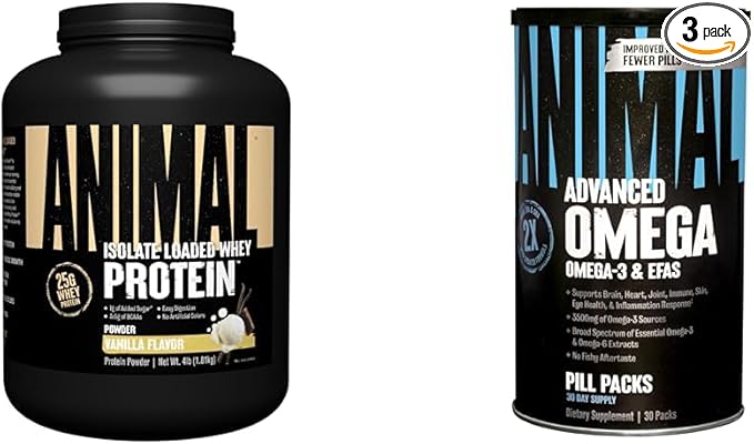 Animal Whey Isolate Protein Powder with Digestive Enzymes Omega Essential Fatty Acid Supplement with 10 Omega Sources - Vanilla Whey Protein &amp Fish Flaxseed &amp Salmon Oils