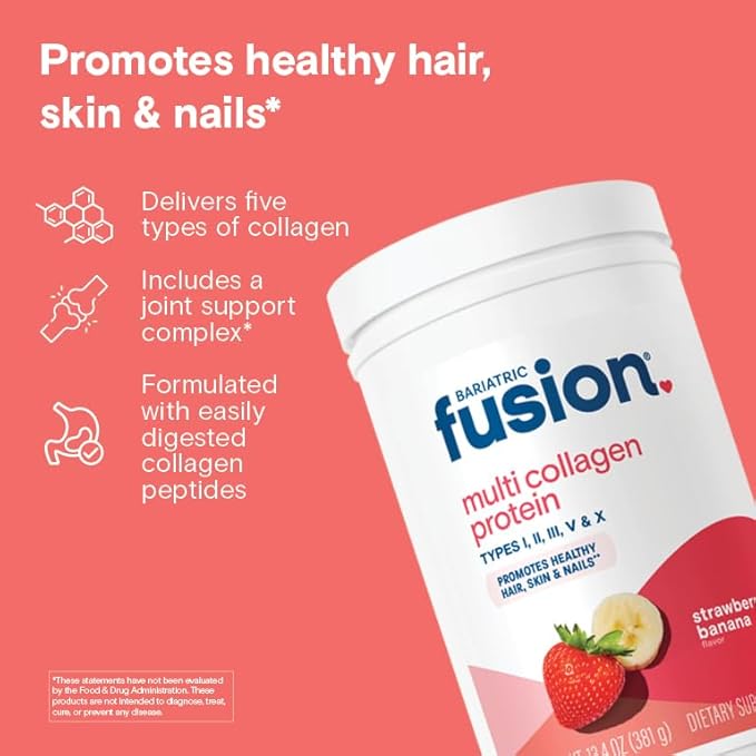 Bariatric Fusion Strawberry Banana Multi Collagen Protein Powder | Plus Joint Support Complex of MSM and Glucosamine | Dairy Gluten &amp Soy Free | Non-GMO | 30 Servings