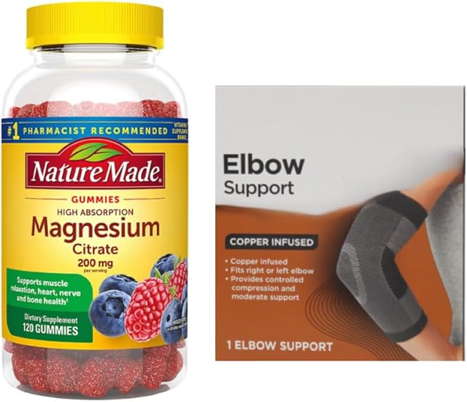 Nature Made Magnesium Citrate Gummies–Men &amp Women Multivitamin (200mg per Serving 120 Gummies) + Bonus 1 Elbow Support