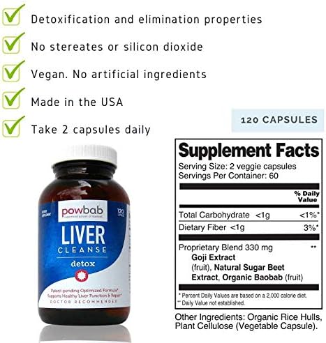 powbab Liver Cleanse Detox. #1 Patent-Pending Optimized Repair Formula. Liver Md Focus Research with Organic Baobab Beet Root Powder and Goji. Beats Milk Thistle Silymarin &amp Dandelion (120 capsu