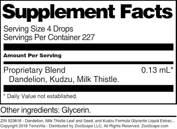 Terravita Dandelion Milk Thistle Leaf and Seed and Kudzu Formula Glycerite Liquid Extract (1:5) - No Flavor (1 oz ZIN: 523616)