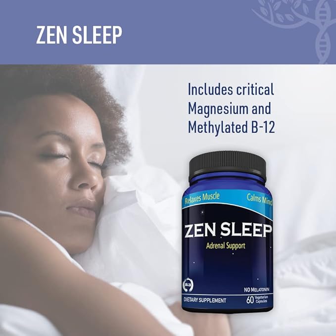 Zen Sleep | Non-Addictive Sleep Aid w/Adrenal Support. Contains Magnesium and Organic Herbs Chamomile Lemon Balm Passion Flower No melatonin