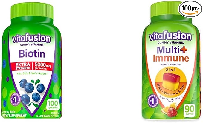 Vitafusion Extra Strength Biotin 5000 mcg Hair Skin Nails Gummy Vitamins 100 Count and Multi+ Immune Support Gummy Vitamins with Vitamin C Zinc 90 Count