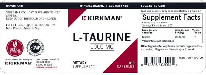 Kirkman L-Taurine 1000 mg - Hypoallergenic | 100 Vegetarian Capsules