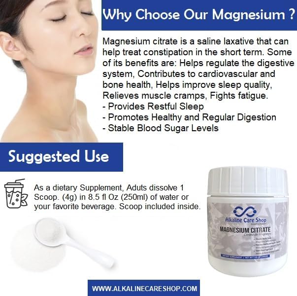 Alkaline Care | Magnesium Citrate Powder Supplement High Absorption Potent Magnesium Supplement - Unflavored |Support Sleep Muscle Bone Health Energy Heart &amp Digestion | Net WT 7.05 OZ (200gr
