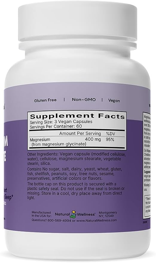 Natural Wellness Magnesium Glycinate – High Absorption Magnesium Supplement for Relaxation Restful Sleep Bone &amp Heart Health and Muscle Function – Gentle on Stomach 180 Vegetarian Capsules