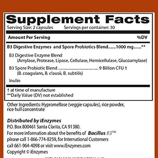Bacillus B3 Probiotic Complex &amp Enzymes – 100% Spore-Based Organisms - SBO - Better Survivability - Bacillus Coagulans Bacillus Subtilis &amp Bacillus Clausii - Non GMO - 60 Capsules (Pack of 5)