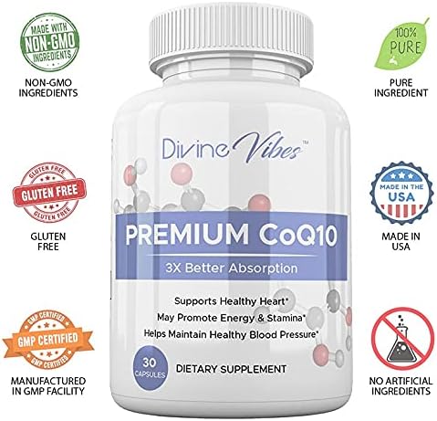 Divine Vibes CoQ10 200 mg - High Absorption Co-Q10 - Active Antioxidant Form of Co-Q10 - Supports Mitochondrial Energy Production and Cardiovascular Health