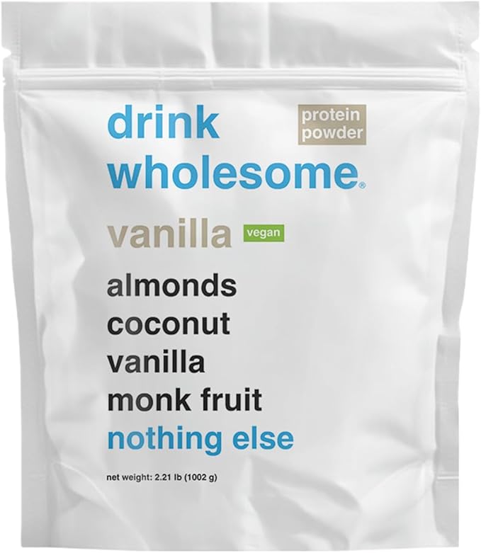 drink wholesome Vegan Vanilla Almond Protein Powder for Sensitive Stomachs | Minimally-Processed Whole-Food Protein | Additive-Free Dairy-Free Gluten-Free | Low Sodium