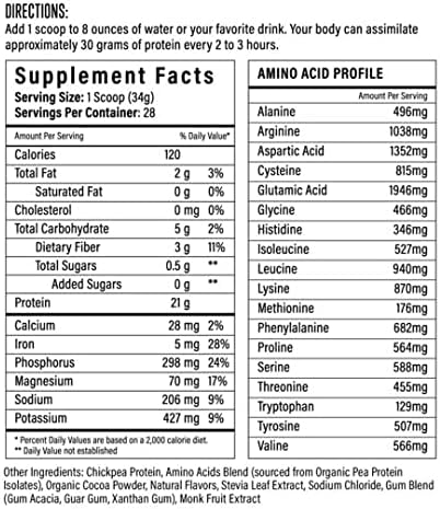 Sport Formula Chickpea Protein Powder Organic and Vegan Plant Based Protein All Natural Protein Powder with Essential Amino Acids Chocolate Flavor only 2 net Carbs with 21 Grams Protein