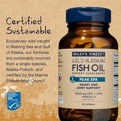 Wiley's Finest Wild Alaskan Fish Oil Peak EPA - Triple Strength Peak EPA &amp DHA Supplement - 1000mg Fish Oil - Omega-3s for Joint Health Support - 60 Softgels (60 Servings)