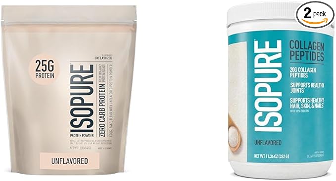 Bundle of Isopure Unflavored Whey Protein Isolate 25g Protein Zero Carb 16 Servings 1 Pound (Packaging May Vary) + Collagen Peptides Powder 14 Servings Unflavored with Vitamin C with Biotin