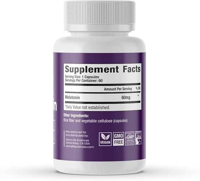 60 mg High Dosage Melatonin Supplement - Extra Strength High Potency Sleep Support Vegan Non-GMO Made in USA Easy-to-Swallow Capsules 60 Count (60 Servings)