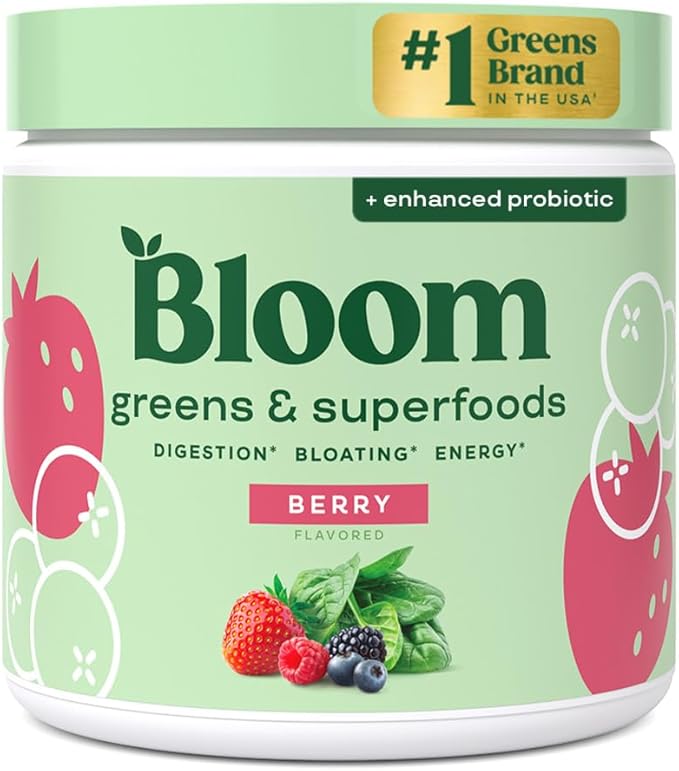Bloom Nutrition Superfood Greens Powder Digestive Enzymes with Probiotics and Prebiotics Gut Health Bloating Relief for Women Chlorella Green Juice Mix with Beet Root Powder 30 SVG Berry