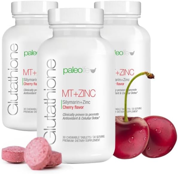 PaleoLife Premium Glutathione + Milk Thistle + Zinc - 90 Chewable Tablets Cherry Flavor (3-Pack)