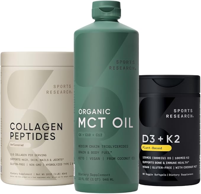 Sports Research Collagen Peptides Hydrolyzed Type 1 &amp 3 Collagen Powder Protein Supplement Keto MCT Oil from Organic Coconuts - Triple Ingredient C8 C10 C12 MCTs and Vitamin D3 K2 with Coconut