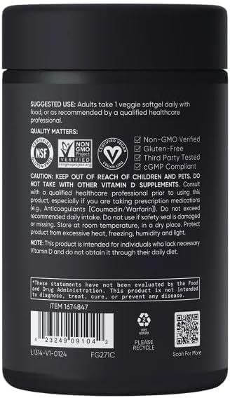 Sports Vitamin D3 K2 with 5000iu of Plant-Based D3 &amp 100mcg of Vitamin K2 as MK-7 Non-GMO Verified &amp Vegan Certified - 160 Liquid Softgels