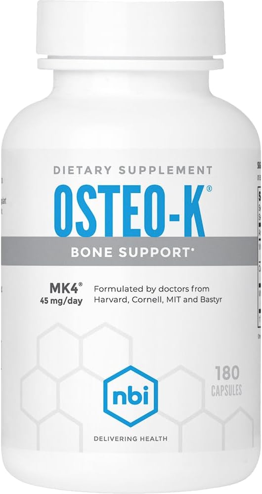 NBI Osteo-K Bone Support | Vitamin D &amp K Complex with Calcium Citrate Supplement | 45mg Vitamin K2 (MK4) for Strong Bone Health &amp Function | 180ct Veggie Capsules