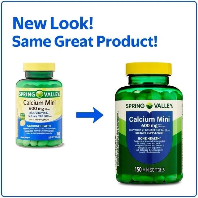 Spring Valley Calcium Plus Vitamin D3 Dietary Supplement 150 Mini Softgels + ViT4 Pill Box.