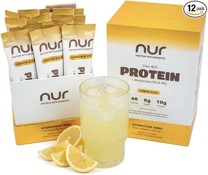 NUR Clear Whey Protein + Electrolytes Drink Mix Fermented BLG Single-Serve Sticks Lemon Kick 12-Pack – Lactose-Free Keto-Friendly Zero Sugar No Artificial Sweeteners Daily Hydration