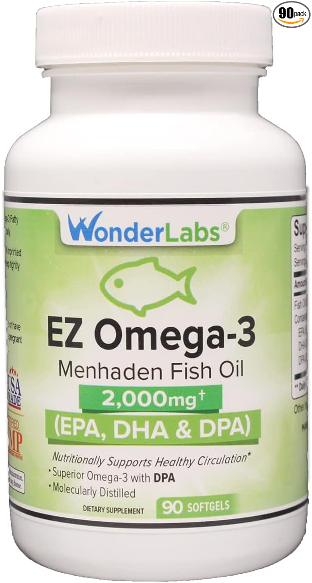 Atlantic Menhaden Fish Oil Omega-3 2000 mg Burpless Made in The USA Perfect Balance of EPA+ DHA + DPA 90 Softgels